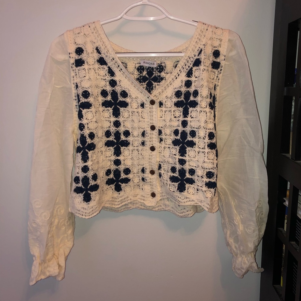 Rihoas Contrast Crochet Cardigan, navy/cream, one size (fits small/medium)